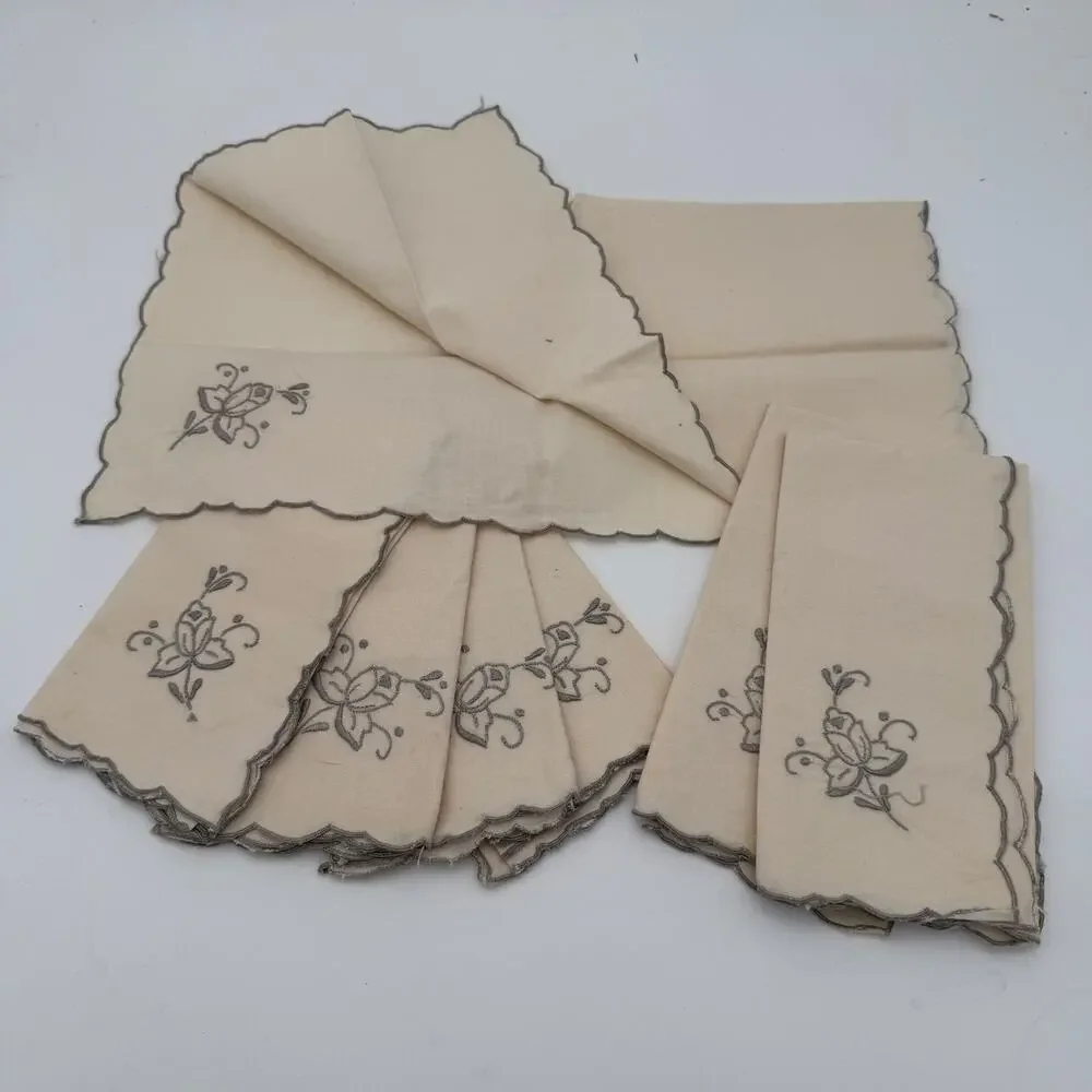 Vintage Embroidered Napkins Gray edges with Gray Flowers set of 6 plus 1